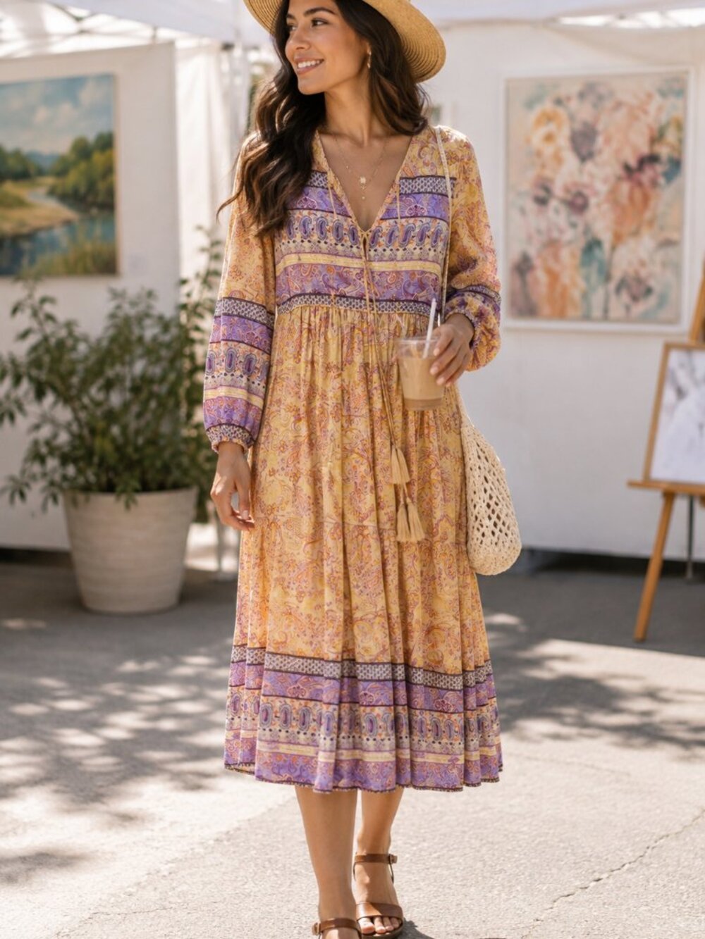 NWT R. Vivimos Yellow Purple Paisley Boho Midi Dress Size M 8/10